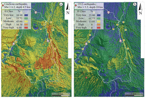 Dos diferentes escenarios de susceptibilidad a deslizamientos generados por dos sismos diferentes en el volcán Poás. 