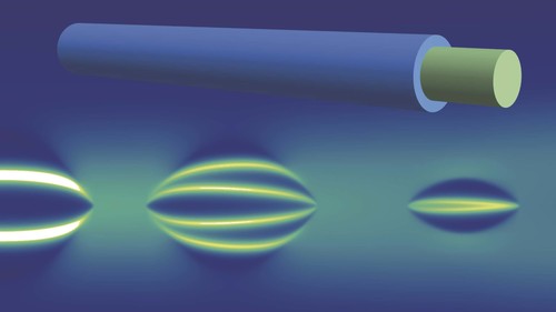 Recreación artística de un nanohilo semiconductor (en verde) recubierto por una capa superconductora nanométrica (en azul). Debajo, los nuevos estados cuánticos. / Ramón Aguado.