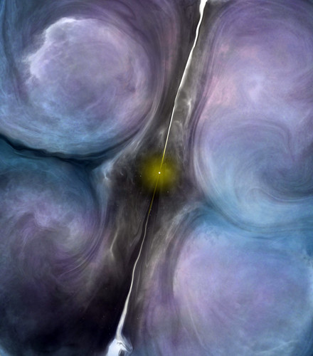 Representación artística de la zona central de NGC 1266. Créditos: B. Saxton (NRAO/AUI/NSF)