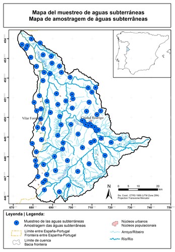 Mapa de muestreo de aguas subterráneas en la cuenca del río Águeda. Imagen: IRNASA.