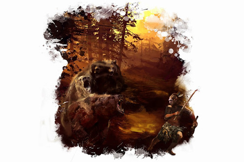 Escena que representa el ataque a un oso a un neandertal.
