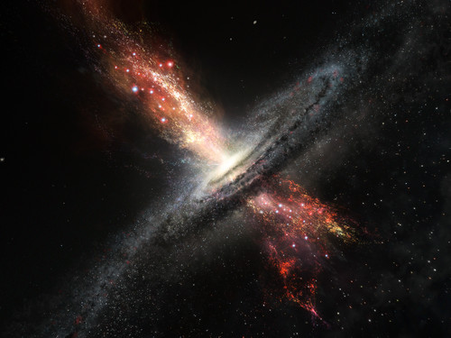 Representación artística de un outflow, o eyección de gas producida desde el centro de una galaxia, en donde se han formado estrellas. / ESO.