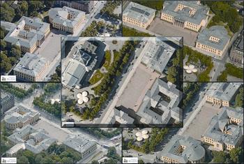 Imagen aérea de varios edificios.