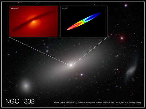 Disco de gas que rodea el agujero negro supermasivo en el centro de la galaxia. Imagen:  A. Barth (UC Irvine), ALMA (NRAO/ESO/NAOJ); NASA/ESA Hubble; Carnegie-Irvine Galaxy Survey.