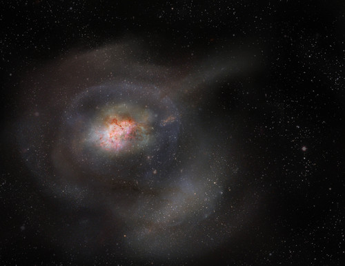 En esta representación artística se destaca el nivel de compactación del gas molecular de una galaxia PSB y la ausencia de formación estelar. Créditos: ALMA (ESO/NAOJ/NRAO) / S. Dagnello (NRAO/AUI/NSF)