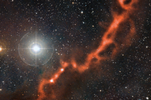 Formação de estrelas e os seus planetas na maternidade de estrelas de Touro visto em comprimentos de onda na bando do milimétrico pelo telescópio APEX no Chile. (Crédito: ESO/APEX (MPIfR/ESO/OSO)/A. Hacar et al./DSS2. Agradecimento: Davide De Martin)