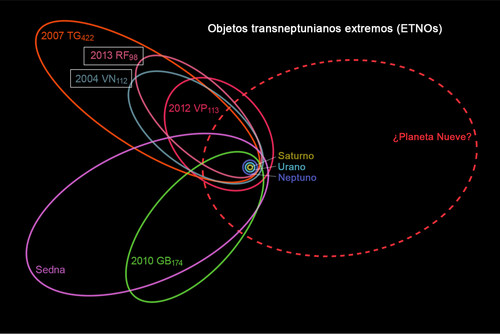 Representación esquemática de las órbitas de seis de los siete objetos transneptuanianos extremos (ETNOs) utilizados para plantear la hipótesis del “Planeta Nueve”.
