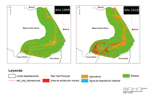 Imágenes Landsat (satélites de la NASA). Comparativa de los usos del suelo en el año 1999 y 2018 del área estudiada.