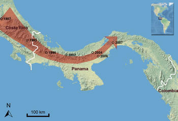 El mapa muestra la expansión del hongo 'Batrachochytrium dendrobatidis' desde Costa Rica hacia el este de Panamá. (Datos de Karen Lips/Smithsonian)