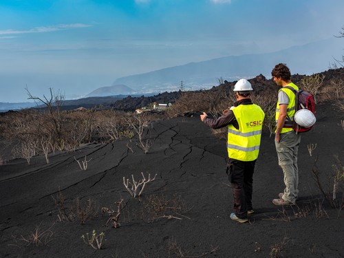 Investigadores del CSIC examinan una zona del rastro de la colada en La Palma./ Arturo Rodríguez.