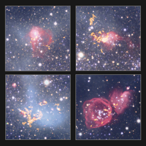 Este montaje muestras cuatro nubes de gas en las que se están formando estrellas en NGC 6822.Crédito: ESO, ALMA (ESO/NAOJ/NRAO)/A. Schruba, VLA (NRAO)/Y. Bagetakos/Little THINGS