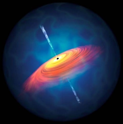 Recreación artística de un cuásar, con un agujero negro supermasivo en el centro. Imagen: Yoshiki Matsuoka.