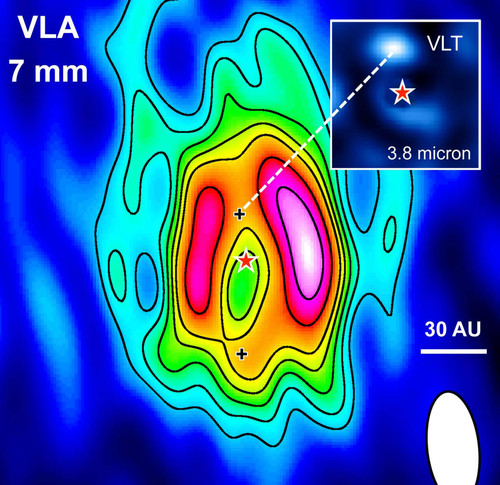  Imagen (en colores) del disco de polvo en torno a la estrella HD 169142, obtenida con el radiotelescopio VLA a la longitud de onda de 7 mm. Las cruces (+) señalan las posiciones de los posibles protoplanetas. Foto: UNAM.