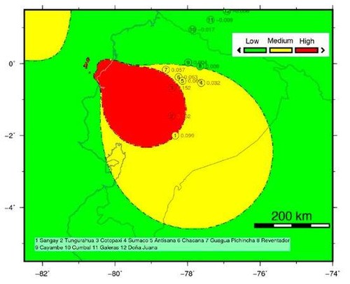 Mapa de volcanes del Holoceno ecuatorianos potencialmente activados por el terremoto de Pedernales (Ecuador) de Mw 7.8 del 16 de abril de 2016/Béjar-Pizarro, et al., 2018