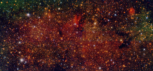 Imagen en falso color de uno de los campos estudiados por el proyecto Galacticnucleus. Fuente: Proyecto Galacticnucleus.