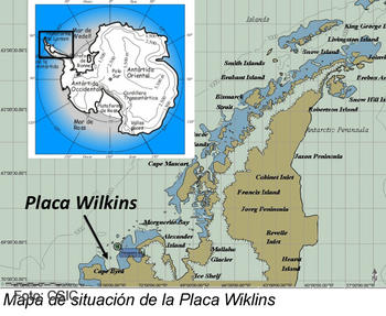 Mapa de la situación de la placa de hielo Wilkins en la Antártida.
