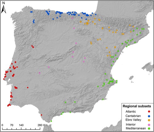 Distribución de los 246 yacimientos analizados en la Península Ibérica. Cédito: los autores del estuido - Fuente: Nature Comm 10.1038/s41467-019-09833-3