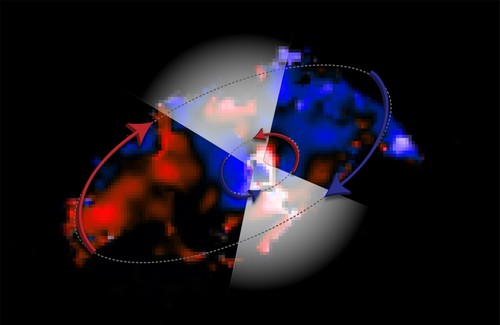 Imagen obtenida con ALMA que muestra dos discos de gas moviéndose en sentidos opuestos alrededor del agujero negro de la galaxia NGC 1068/ALMA (ESO/NAOJ/NRAO), V. Impellizzeri; NRAO/AUI/NSF, S. Dagnello.