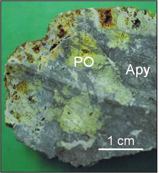 Muestra de mano con arsenopirita (Apy) y sus productos de oxidación (PO). Imagen: Ascensión Murciego.