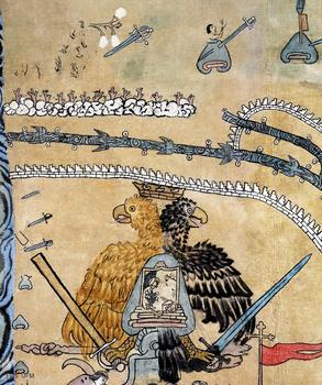 Detalle del lienzo en el que aparece el escudo de armas español tras la alianza con los quauhquecholtecas.