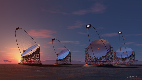 Representación artística de 4 telescopios gigantes propuestos para el CTA. Imagen: IFAE, CTA.