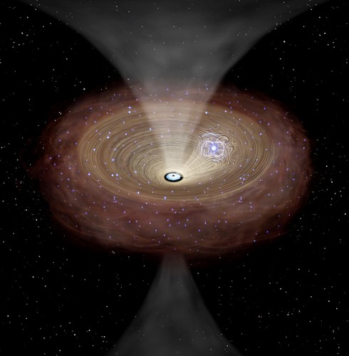 Representación artística del gas que fluye hacia el agujero negro supermasivo tras la explosión de una supernova. Créditos: Universidad de Tokio 