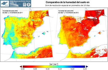 Mapas de la humedad en la Península Ibérica en febrero de 2011 y febrero de 2012. Imagen: CSIC.