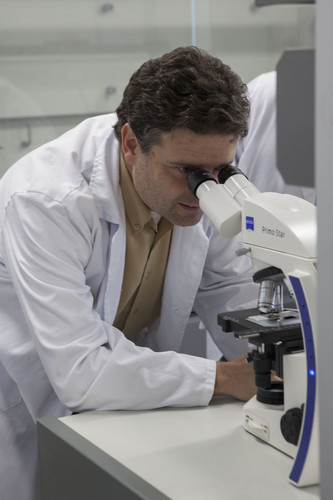 Conrado Martinez Cadenas mira por el microscopio. Foto: UJI.