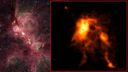 Protoestrella brilla intensamente y modifica su incubadora/Créditos: ALMA (ESO/NAOJ/NRAO), T. Hunter; C. Brogan, B. Saxton (NRAO/AUI/NSF); NASA Spitzer. 