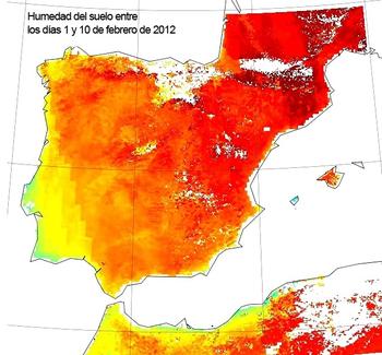 La sequía en la Península en febrero de 2012. Los colores más cálidos indican menor humedad del terreno. Imagen: CSIC.