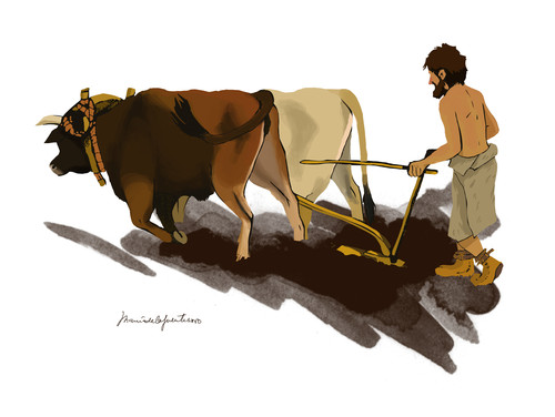Representación de un agricultor neolítico ibérico/Maria de la Fuente Archaeological Illustrations. 