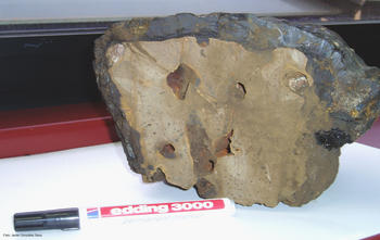 Sección de una costra de manganeso de unos 3 centímetros de grosor  recubriendo basaltos toleíticos. Se obtuvo mediante dragado en una dorsal del Mar de Scotia a unos 2.000 metros de profundidad.