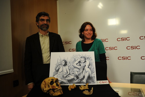 Los investigadores muestran una ilustración de los neandertales. Foto: CSIC.