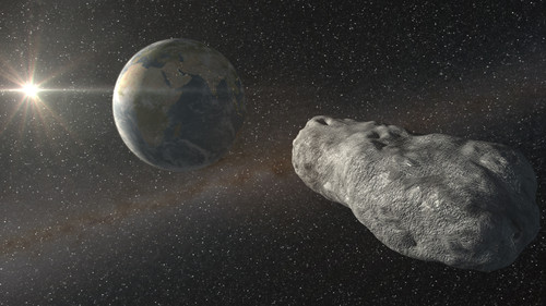 Simulación del Sol, Tierra y Asteroide 2012 DA14 vistos desde el espacio. Créditos: Servicio Multimedia (IAC). 