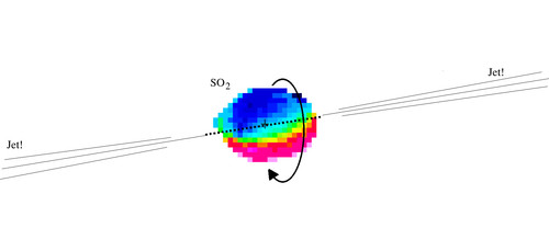 En color se indica la zona en que ALMA detectó emisión de la molécula de dióxido de azufre hacia G345.4938+01.4677. Los colores indican la velocidad con que se mueve el gas: azul muestra que éste se acerca a nosotros, mientras el rojo que se aleja/AL