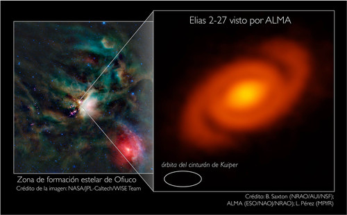 ALMA observó la incubadora de estrellas Ofiuco para estudiar el disco protoplanetario que rodea la joven estrella Elias 2-27. Créditos: L. Pérez (MPIfR), B. Saxton (NRAO/AUI/NSF), ALMA (ESO/NAOJ/NRAO), NASA/JPL Caltech/WISE Team