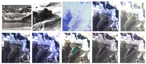 Fotografías históricas (primeras tres vistas) e imágenes de satélite muestran cómo el lago Palcacocha ha crecido a medida que el glaciar ha retrocedido/Stuart-Smith et al./Nature Geoscience