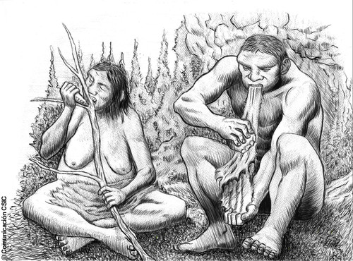 Recreación de dos individuos neandertales ayudándose de la boca para realizar tareas cotidianas. Foto: Comunicación CSIC.