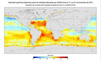 Salinidad superficial medida por el satélite SMOS (Imagen: CSIC).