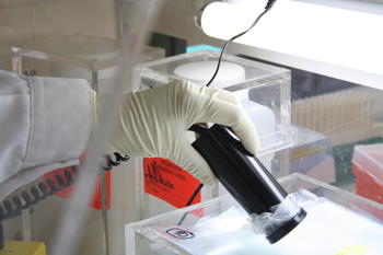 Dentro de un laboratorio convencional, un científico realiza pruebas con isótopos en el espacio acondicionado para ello.