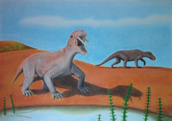 Interpretación artística de un Tiarajudens eccentricus, que debía ser del tamaño de un perro grande. (Ilustración: Juan Carlos Cisneros)