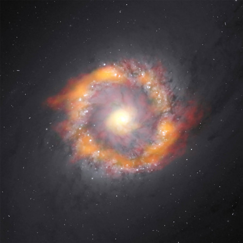 Imagen compuesta de la galaxia espiral barrada NGC 1097. El agujero negro supermasivo en el centro de la galaxia posee una masa 140 veces mayor que nuestro Sol. FOTO: ALMA (NRAO/ESO/NAOJ), K. ONISHI; TELESCOPIO ESPACIAL HUBBLE DE NASA/ESA; NRAO/AUI/NSF