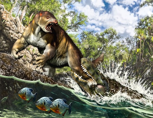 Reconstrucción: Purussaurus ataca a un Milodonte en lo que hoy es la Amazonia peruana/Jorge A. González