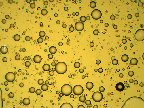 Aunque parecen burbujas, son las nanopartículas de sílice en el nanofluido diseñado para evitar la formación de asfaltenos. Imagen: cortesía Farid B. Cortés. 