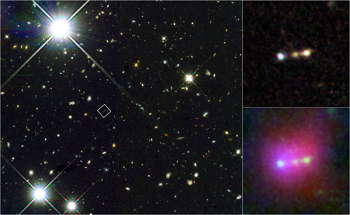 Estructura de Himiko, un objeto formado por la fusión de tres galaxias jóvenes y brillantes del Universo temprano. Himiko visto por el telescopio espacial Hubble y el telescopio Subaru. Créditos: NASA/Hubble; NASA/Spitzer; NAOJ/Subaru.