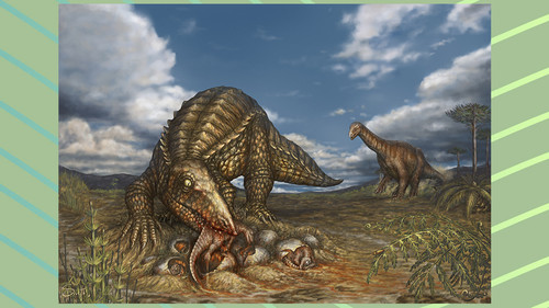 Neoaetosauroides engaeus asaltando un nido de dinosaurios. Crédito: Santiago Druetta.