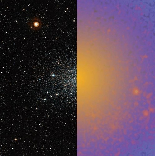 Galaxia enana Sculptor (izq.) y señal de rayos gamma que surge de la aniquilación de la materia oscura. Crédito: (izquierda) Giuseppe Donatiello; (derecha) NASA /DOE/Fermi.