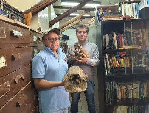 Dos investigadores con los fósiles. Foto: Agencia CTyS-UNLaM.