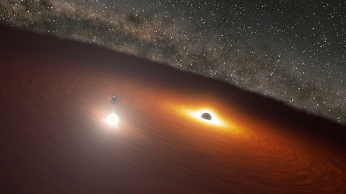 Concepción artística del sistema binario de agujeros negros en OJ 287. / R. Hurt (NASA/JPL) y Abhimanyu Susobhanan (Tata Institute of Fundamental Research).