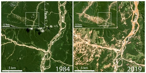 Las imágenes satelitales utilizadas en el estudio muestran la deforestación y los sedimentos suspendidos elevados/NASA LandSat/Evan N. Dethier.